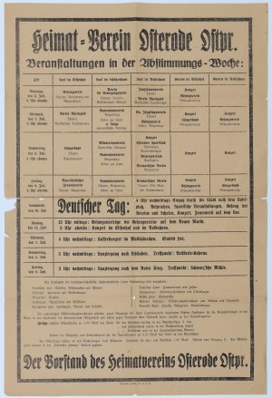 OSTRÓDA. Plakát z období plebiscitu ve Warmii a Mazurech z 11.7.1920, zobrazuje akce pořádané místní německou organizací.
