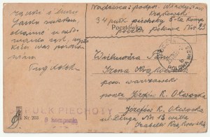 BIAŁA PODLASKA. Carte postale avec le cachet du 34e régiment d'infanterie de Biała Podlaska, bureau de poste de campagne n° 23, datée du 22.08.1939.
