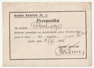 LVOV. Preukaz kadetského zboru č. 1. pomenovaného po maršalovi Jozefovi Pilsudskom vo Ľvove z 06.11.1928