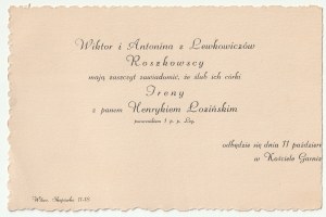 VILNO. Invitations to the wedding of Lieutenant of the 1st Infantry Regiment of the Legions Henryk Lozinski