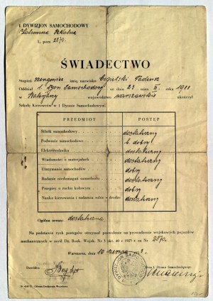 1 AUTOMOBILOVÁ DIVÍZIA. Osvedčenie o absolvovaní autoškoly, ktoré vydal 10.6.1933 vojín Tadeusz Cegielski.