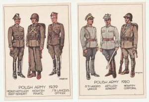 UNIFORMY POLSKÉ ARMÁDY 1740-1939. Soubor 12 pohlednic zobrazujících výzbroj a uniformy polské armády z let 1740-1939.