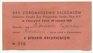 CIESZYN, ZAKOPANE. Scheda di voto durante la XXV Assemblea dei delegati delle filiali dell'Unione dei sindacati dei dipendenti delle autonomie locali. Teryt. R. P. a Cieszyn