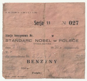 SECOND REPUBLIC. Receipt by a gas station of the Standard Nobel joint stock company in Poland of 20 liters of gasoline