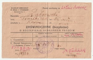 KOWNO, VILNIUS. Certificate of the sanitary post in Vilnius for Franciszek Dabrowski of Kaunas on free vaccination against dysentery