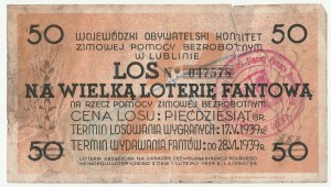 LUBLIN. Le billet de loterie de la grande tombola du Comité civique provincial pour l'aide hivernale aux chômeurs de Lublin.