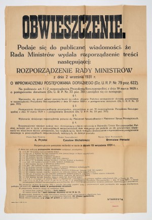 NOTICE of the Decree of the Council of Ministers of September 2, 1931 on the introduction of summary proceedings