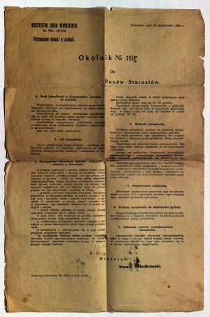 SKŁADKOWSKI Sławoj. Okólnik Ministerstwa Spraw Wewnętrznych do Starostów w sprawie przyjmowania ludności w urzędach z 18.10.1926