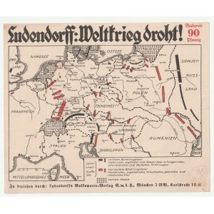 POLSKIE Zagrożenie. Lata 20-te, mapa przedstawiająca kierunki potencjalnego ataku na terytorium Niemiec przez Polskę, Francję i Czechy