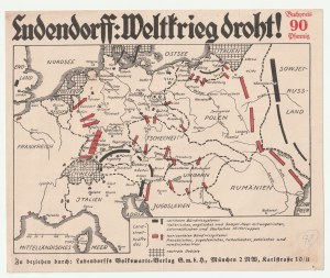 Polnische Bedrohung. 1920er Jahre, Karte mit den Richtungen eines möglichen Angriffs auf deutsches Gebiet durch Polen, Frankreich und die Tschechische Republik