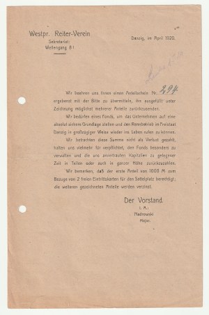 GDAŃSK. Schreiben des Vorstands des Westpreußischen Reitvereins, April 1920