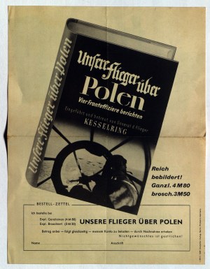 September-KAMPAGNE. Zwei Flugblätter (doppelseitige Drucke), die für Bücher über die Bombardierung Polens im September 1939 werben.