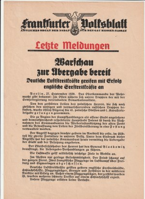 jednostranný tisk informující o situaci na frontě 27.9.1939, v čele s blížící se kapitulací Varšavy.