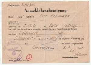 GDYNIA. Anmeldebescheinigung - hlášení pro osídlence z Německa (Württemberg) na místo vyhnaného Poláka, 8.7.1943
