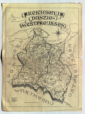Reichsgau Danzig-Prusse occidentale. Reichsgau Danzig-Westpreußen, publié jusqu'en 1945, carte de l'unité administrative formée par les Allemands.
