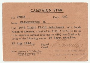 AFRIKA. Legitimace pro vojáka 1. obrněné divize E. Klimkiewicze vyznamenaného hvězdou Afriky