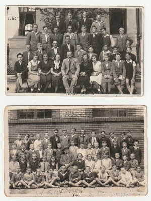 KOSZYCE. dvě fotografie studentů a učitelů třídy IVa židovského gymnázia z let 1933-1934.