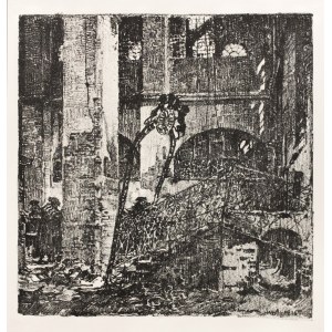 SIENIAVA. Interior of a destroyed synagogue. Chromolithography on Japanese tissue paper