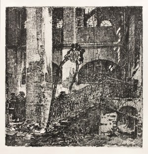 SIENIAWA. Innenraum einer zerstörten Synagoge. Chromolithographie auf japanischem Seidenpapier