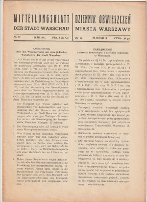 DZIENNIK Obwieszczeń Miasta Warszawy. 28.03.41. U.a. eine Verordnung über den Handel mit dem Ghetto