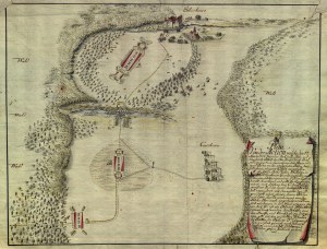 RĘKOPIŚMIENNY plan bitwy pod Gołuchowem (17 III 1734) z widokiem na gołuchowski zamek