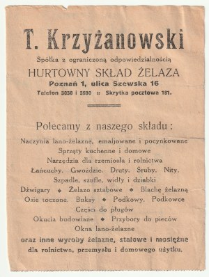 POZNAŃ. Three documents on the activities of the company T. Krzyzanowski