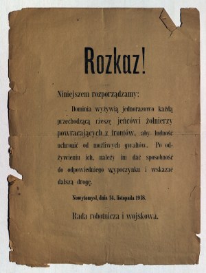 NOWY TOMYŚL. Nařízení Rady dělníků a vojáků ze dne 14.11.1918.