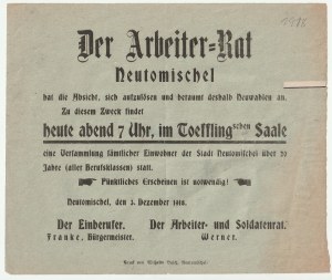 NOWY TOMYŚL. Mitteilung des Arbeiter- und Soldatenrates vom 03.12.1918