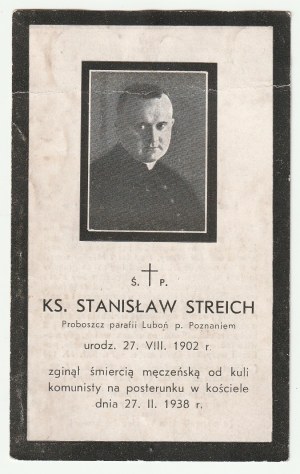LUBOŃ. Ks. Stanisław Streich, portret z opisem męczeńskiej śmierci