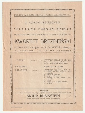 POZNAŇ. Oznámení o provedení Třetího mistrovského koncertu Drážďanským kvartetem 26.11.1928.
