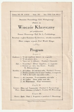 POZNAŇ. Program klasického večera v Collegium Minus 30.04.1932
