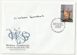 SZYMBORSKA Wisława. Autographe de la poétesse sur une enveloppe émise à l'occasion de l'attribution du prix Nobel de littérature en 1996.