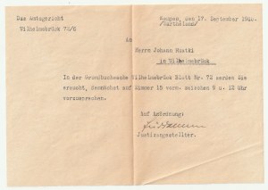 KĘPNO. Lettera del tribunale di Kepno nel Wartheland a Johann Rzatki a Wilhelmsbrück.