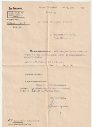 KĘPNO. Dopis od soudu v Kepně, země Warta, Stanislavu Pazdziorovi.