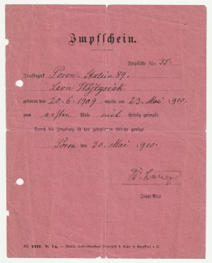 POZNAŃ. Sammlung von 5 Dokumenten über die Pockenimpfung von 1910-1943