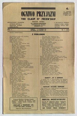 Feu de l'amitié. Un hebdomadaire bilingue consacré à la cause du renforcement de l'amitié polono-écossaise, 11.01.1941