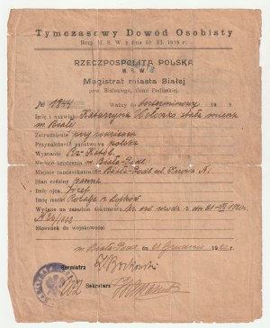 BIAŁA Podlaska. Vorläufiger Personalausweis ausgestellt von M.S.W. 1920