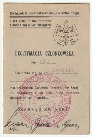 GRUDZIĄDZ. Členský průkaz Svazu účastníků školní stávky z let 1906/07.