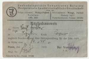 POZNAŃ, LESZNO. Membership card of the Western Poland Agricultural Society