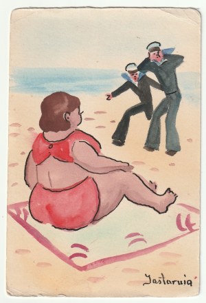 JASTARNIA. Ragazza sulla spiaggia e marinai, acquerello in miniatura per una cartolina postale