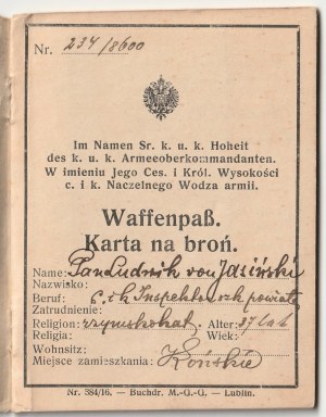 KOŃSKIE, SANOK. Zezwolenie na posiadanie broni. 1917 r.