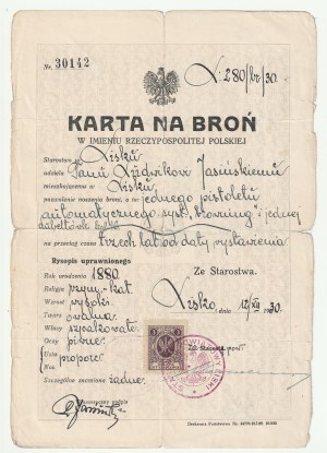 LISKO, SANOK. Zezwolenie na posiadanie broni dla Ludwika Jasińskiego, 1930 r.