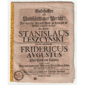 ELEKCJA 1733. Sprawozdanie z epoki na temat podwójnej elekcji