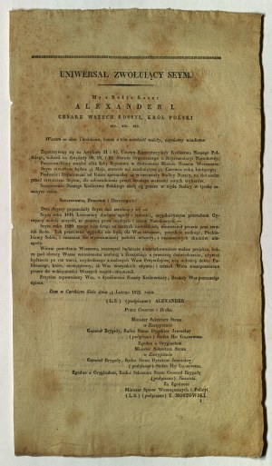 UNIVERSAL zur Einberufung des Sejm, ausgestellt von Alexander I. als König von Polen im Februar 1825.