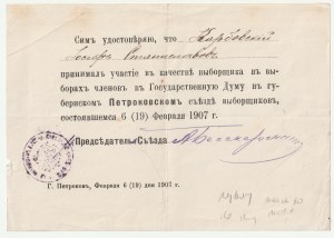 KARBOWSKI Joseph. Among others, certificate of election to the Duma