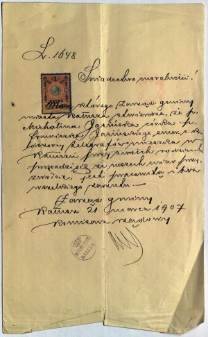 ZESTAW dokumentów po Fundacji ś.p. Szczepana Zaremby Skrzyńskiego, przyznającej posagi niezamożnym szlachciankom