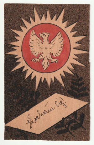 Znak Polska. Vlastenecká pohlednice. Orel z roku 1918 ve sluneční svatozáři