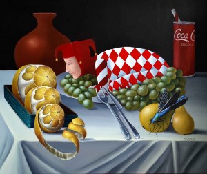 Mikolaj Korus, Nature morte avec poisson-clown rôti et libellule, 2024