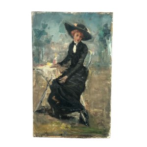 NIEZNANA SYGNATURA, kobieta w eleganckiej sukni siedząca przy małym stoliku