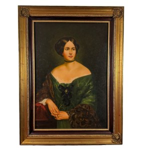 NIEZNANY SYGNATUR, portret kobiety w eleganckim stroju